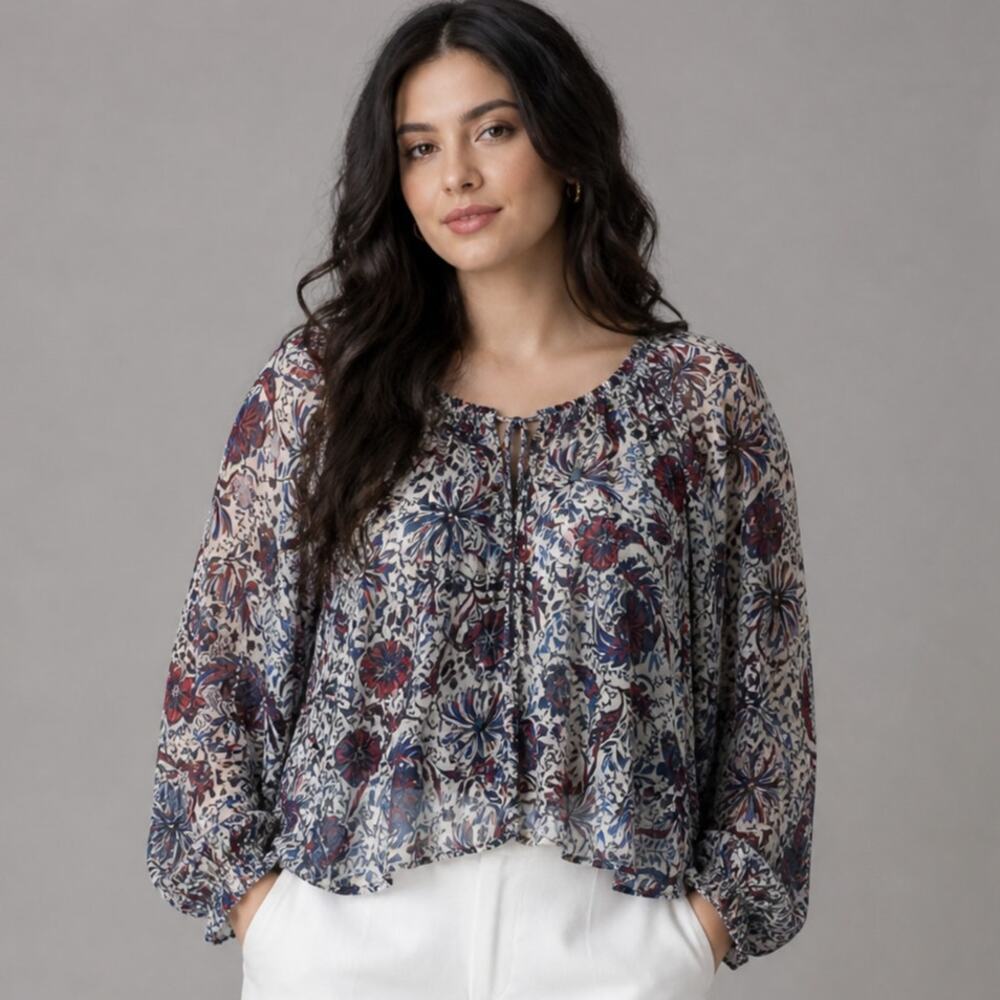 Let Me Be Anthropologie Sheer Floral Metallic Thread Peasant Blouse L Boho Fairy